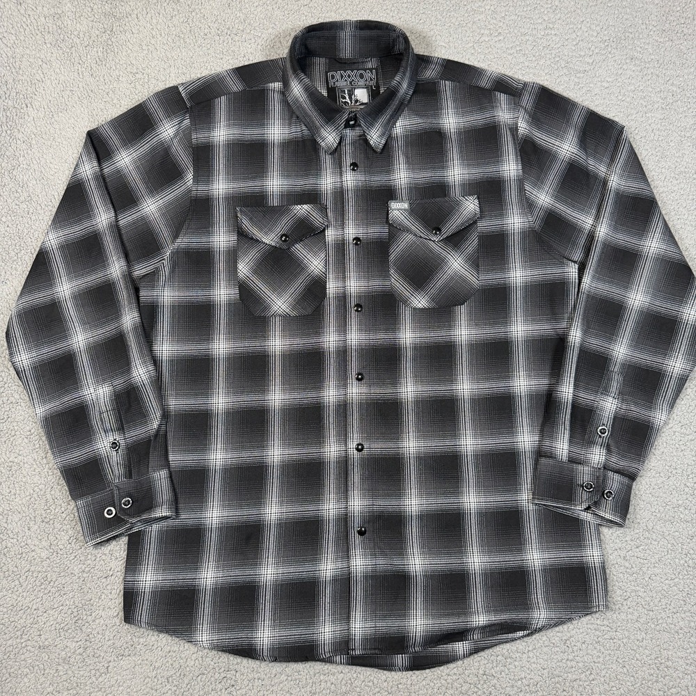 Dixxon Flannel Shirt Mens L Black Plaid Pearl Snap Long Sleeve D-Tech The Static